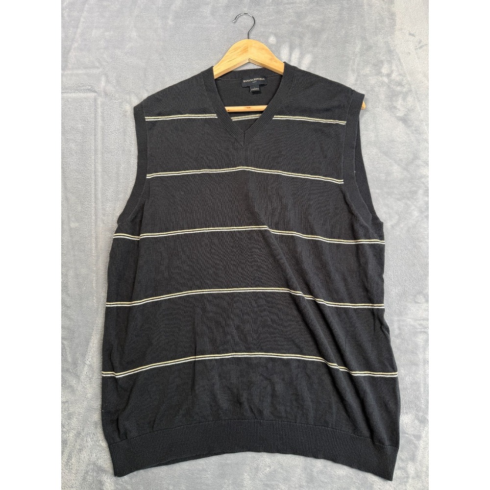 Banana Republic Sweater Vest Mens Large Black Striped Cotton V Neck